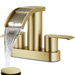 gotonovo 4 Inch Centerset Waterfall Bathroom Sink Faucet Deck Mount 2 Handle Basin Faucets 2 or 3 Hole with Pop Up Drain Included Lavatory Modern Mixe