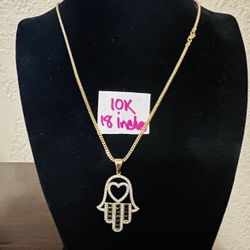 10K  Yellow Gold Chain and Pendant For Wedding CUBIC ZIRCONIUM STONES 18 Inches Long 