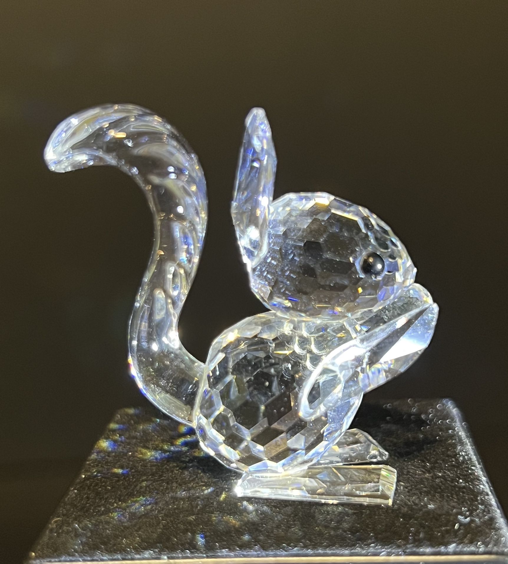 Swarovski 1980s Squirrel With Nut Crystal Figurine Black Eyes Curved Tail, 1.75”