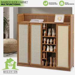 7-Tier Bamboo Shoe Rack 46" Heels Storage Shelf Organizer w/Plastic Rattan Door
