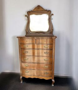 Tall Dresser With Removable Mirror Vintage Solid Oak Excellent 