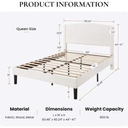 Queen Bed Frame with Soft Teddy Fabric, Boucle Upholstered Platform Bed, Curved Headboard Design, Wooden Slats Support, Noise-Free, No Box Spring Need