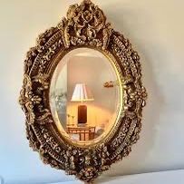 Beveled Gold Gilded Ornate Resin Oval Mirror, Vintage Hollywood Regency Style