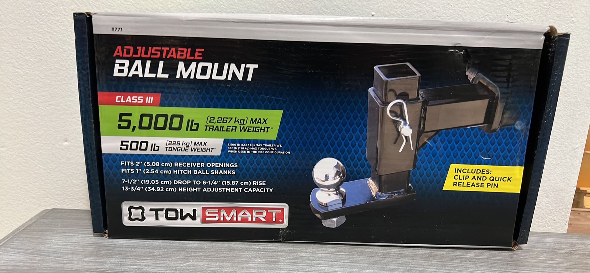 TowSmart Adjustable Ball Towing Mount with Clip and Quick Release Pin, 7.5in Drop, 6.25in Rise, 771, 5000lb, 1 Each