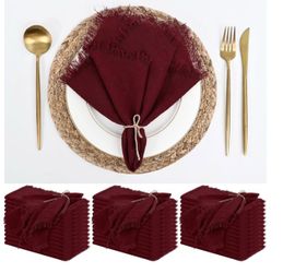 76 Pack Burgundy Napkins Cotton Linen Napkin 16 x 16 Inch Burgundy Napkins Cloth Handmade with Fringe Soft Washable Rustic Dinner Napkin Cloths for We