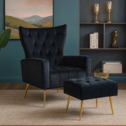 Black Velvet Modern Accent Chair with Ottoman [NEW] **Assembly Req** 