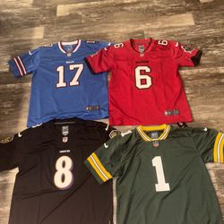 Assorted Football Jerseys (sizes Below) Lamar Jackson Baker Mayfield, Josh Allen, Micah Parsons