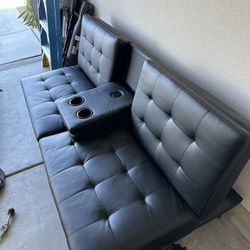 Memory Foam Futon with Cupholder and USB, Black Faux Leather