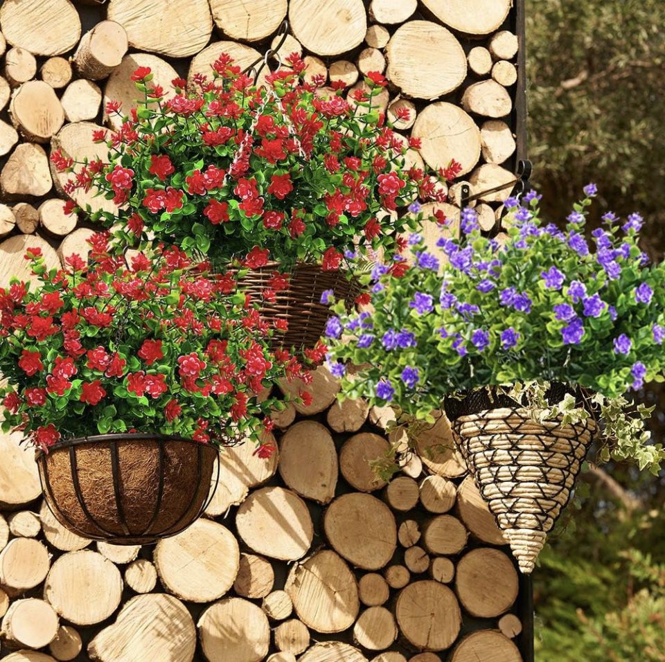 Grunyia 10 Bundles Faux Outdoor Flowers - Artificial Fake Plants, UV Resistant, Red-Eucalyptus