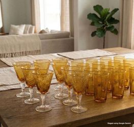 Artland Iris Amber Bubble Glass and Goblet Set