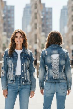 "DAZL" Brand Juniors Size 2X Distressed Heavily Ripped Stone-Washed Denim Jacket. 
This is a Dazi brand distressed denim jacket featuring heavy rippin