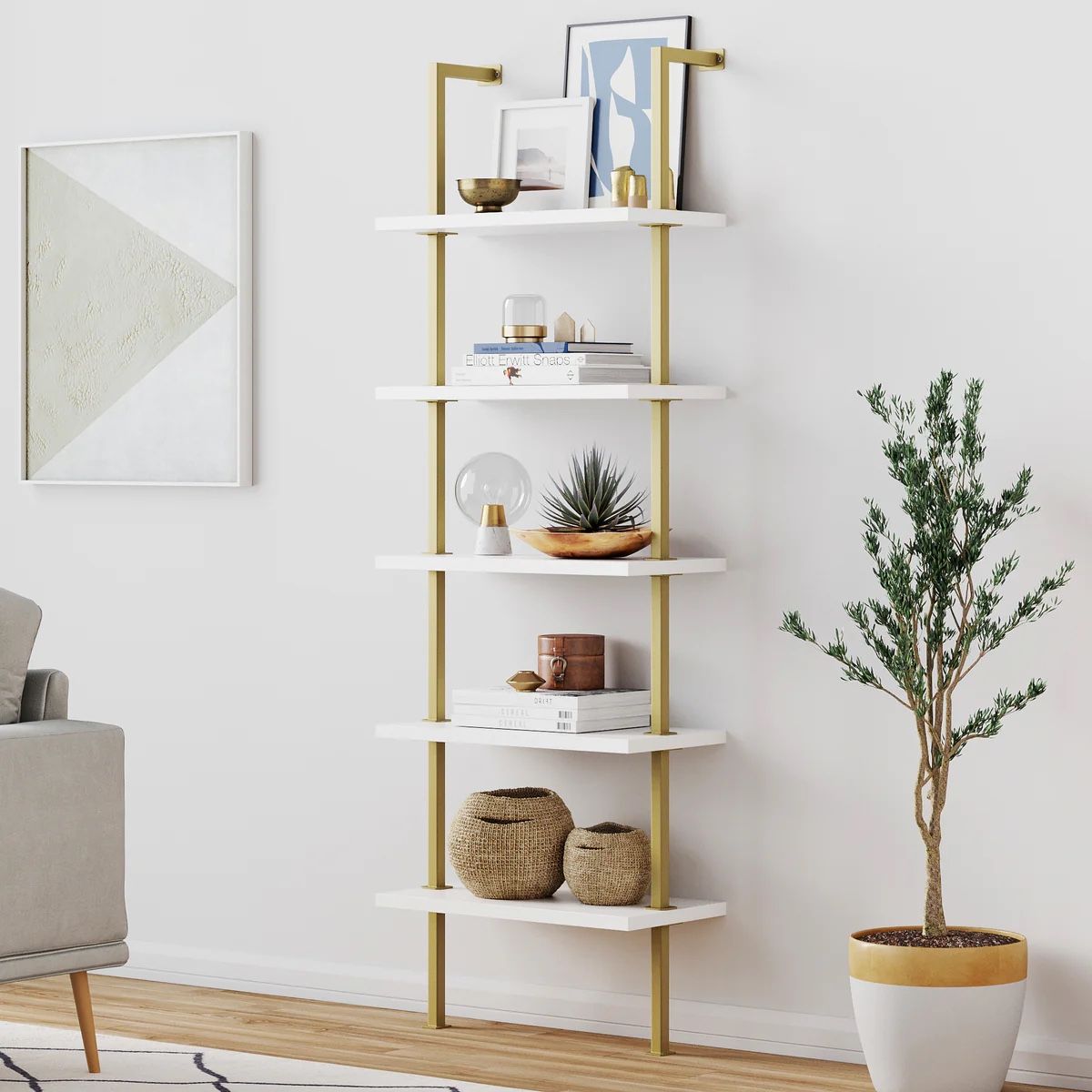 5-Shelf Ladder Bookshelf White Gold