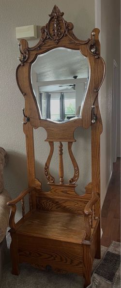 Oak Hall Tree- mirror w/coat hooks and bench