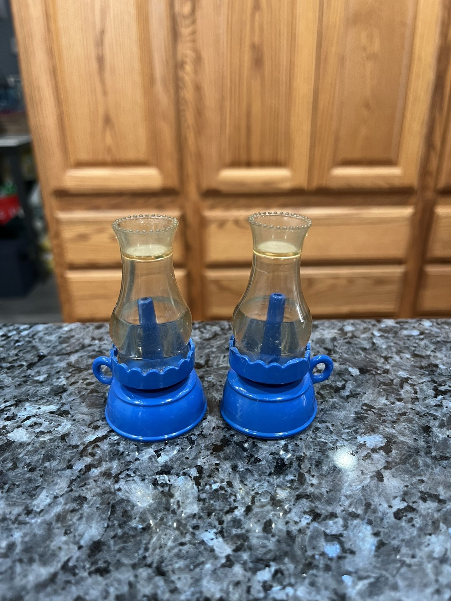 Vintage 1960's lot of 2 Miniature Hard Plastic Celluloid Oil Lamp, Lanterns. Size approximately 3 inches tall. Preowned.
