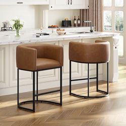 26" H Counter Height Bar Stools Set of 2, Modern Barrel Counter Stools with Backrest and Arms, Faux Leather Upholstered Accent Barstools for Kitchen I