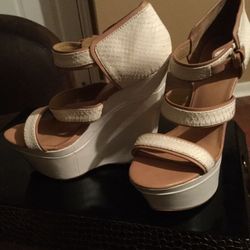 L.A.M.B Off White /Caramel Leather Trim Wedges