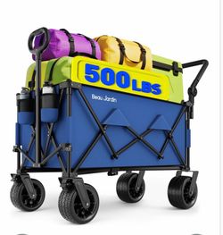 Folding push and pull blue wagon