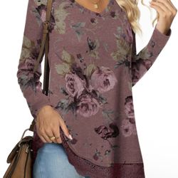 *NEW* Women's Tunics Loose Dressy Casual Long Sleeve Shirts Lace Hem (sz: M)