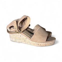 Women’s Sandals Size 9 Tan Suede Open Toe Cork Wedge Heels
