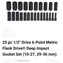 Snap On 25 pc 1/2" Drive 6-Point Metric Flank Drive® Deep Impact Socket Set 10-36 mm