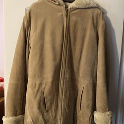 Womens Vintage London Fog Faux Fur Lined Hooded Suede Jacket 🧥 Large (BRAND NEW) 