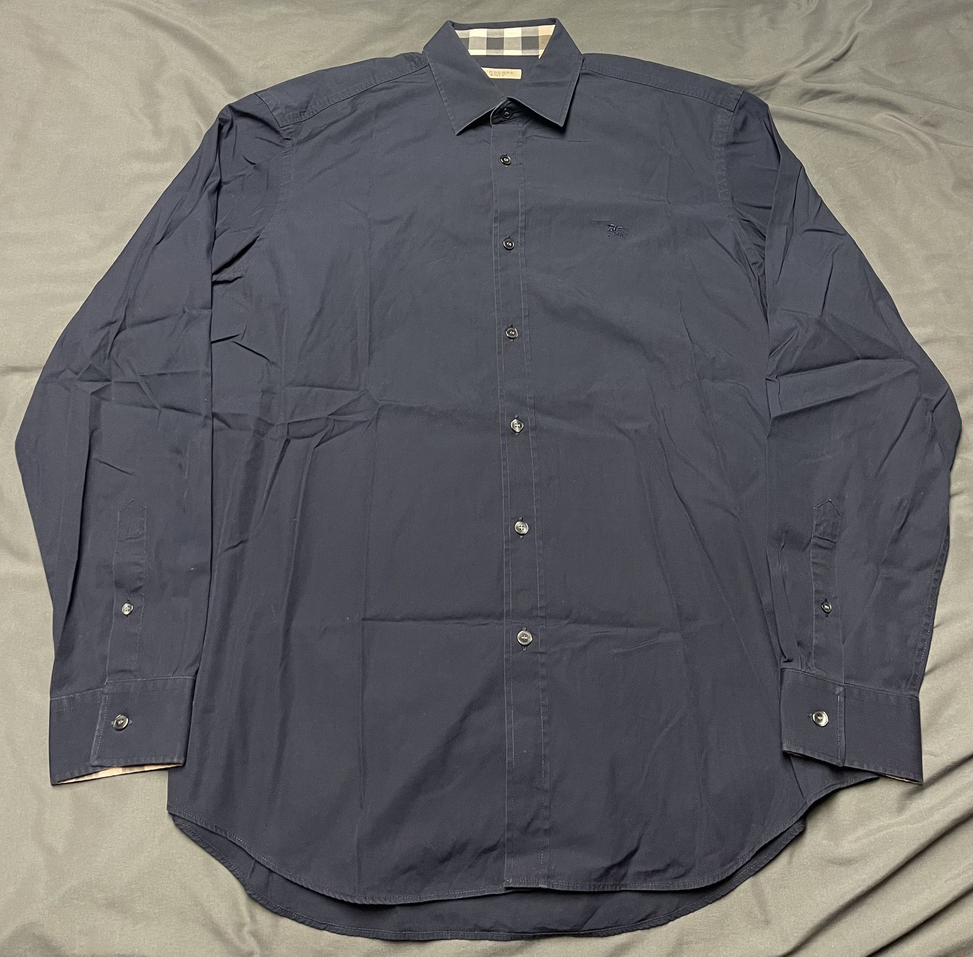 Men's Burberry Brit Classic Blue Button-Down Shirt Check Trim - Size Large.