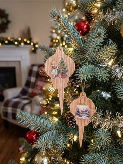 Set of 2 Wooden Finial Christmas Hanging Ornaments, Winter Cabin & Santa, 6 in