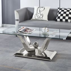 Glass Coffee Table Stainless Steel Mirrored Contemporary Base