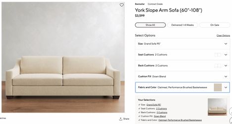 FREE Pottery Barn York Slope Arm Upholstered Sofa 95.5”