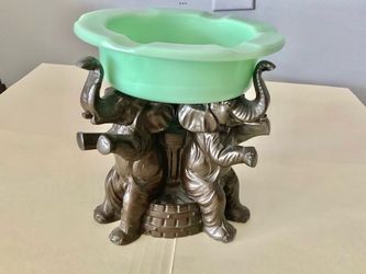 Vtg. 1930s Elephant Trinket Holder Green Milk Glass + Metal 5” Tall Art Deco
