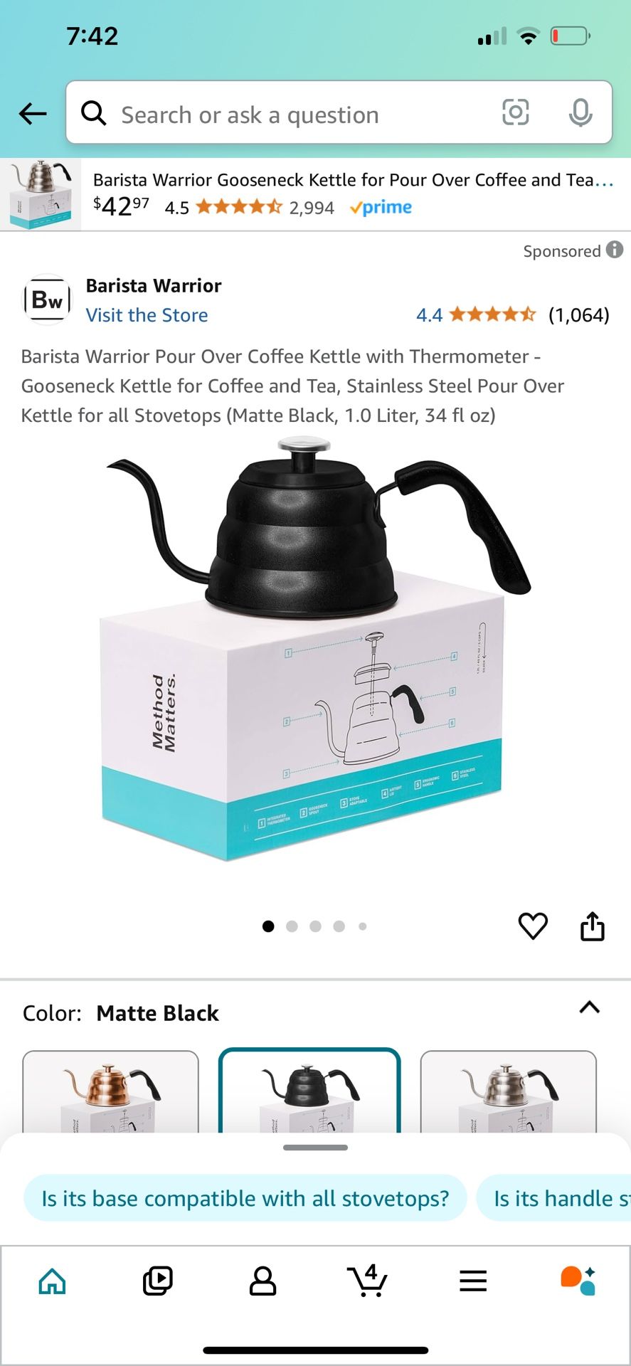 Barista Warrior Gooseneck Kettle for Pour Over Coffee and Tea with Thermometer for Exact Temperature, Precision Pour Drip Spout, Compatible with all S