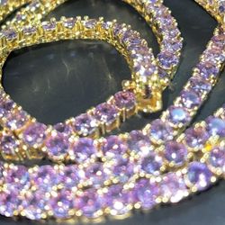 Purple Yellow Gold CZ Diamond Necklace 24in