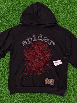 Sp5der Black Hoodie with Rhinestone Web Graphic