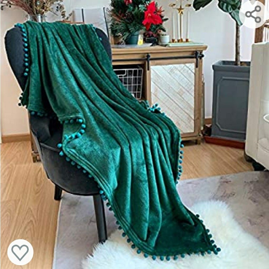 LOMAO Flannel Blanket with Pompom Fringe Lightweight Cozy Bed Blanket Soft Throw Blanket for All Season (40x30) (Emerald Green)