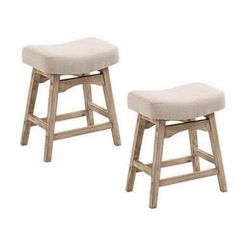 New Set of 2 Linen Beige Solid Wood 24" Saddle Counter Height Bar Stools
