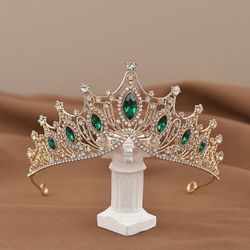 Bridal Green Gem Queen Crown Tiara gold plated for ladies