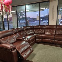 New Top Grain Real Leather Sectional Sofa With Three Power Recliners And Three Power Headrests 