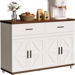  47.2" Sideboard Buffet Cabinet, Kitchen Storage Cabinet with 2 Drawers & Doors, Farmhouse White Cabinet with Storage for Living Room Dining Room