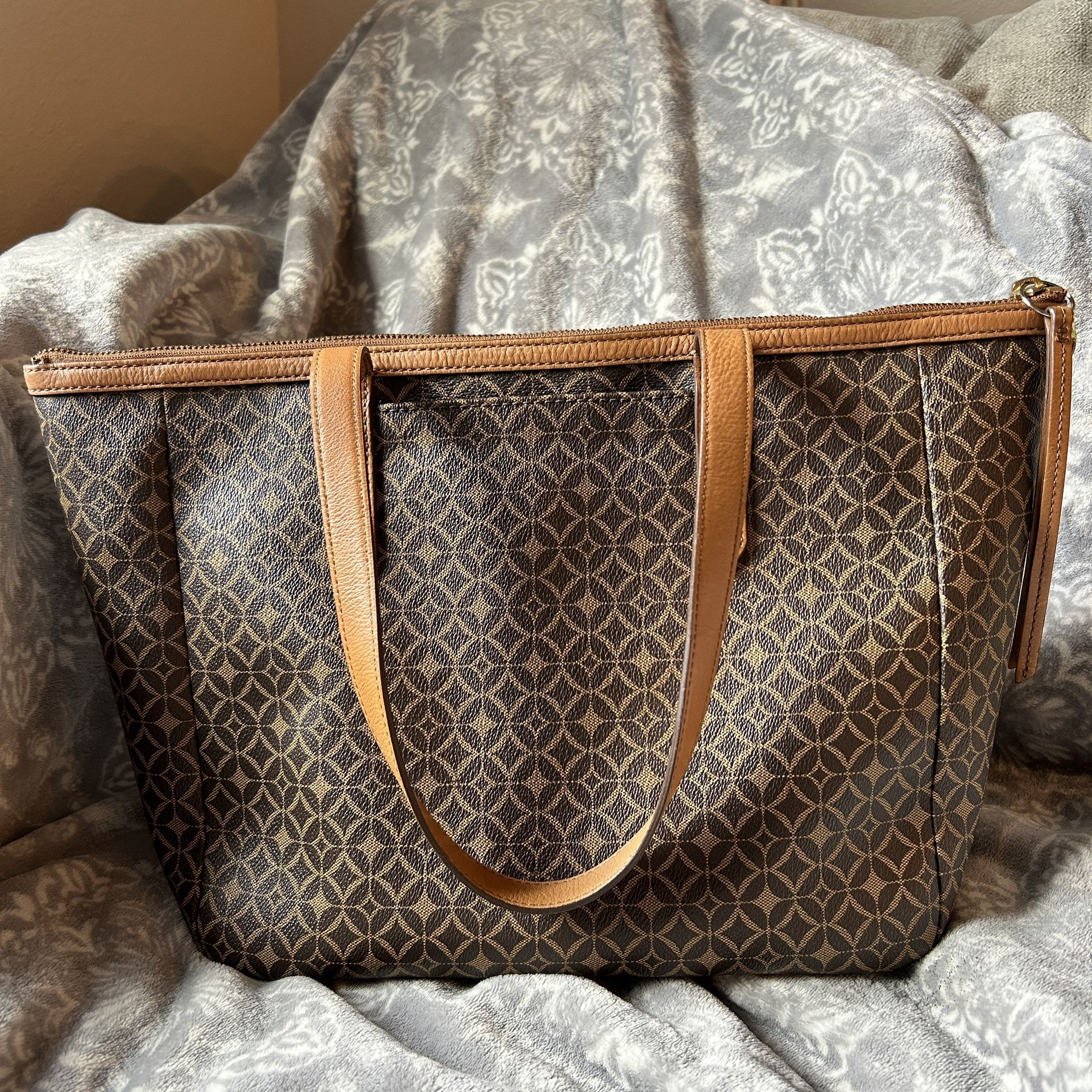 FOSSIL Sydney Tote Brown Coated Canvas Signature Shoulder Bag