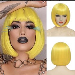 Women’s Yellow Bob Wig Short Straight Bangs Full Hair Wigs Cosplay Party Sexy