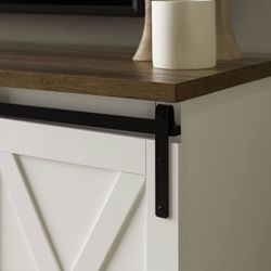 Farmhouse TV Stand with Sliding Barn Doors – White & Rustic Wood