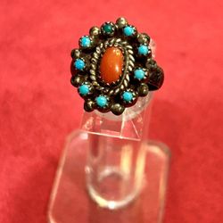Vintage Native American Turquoise & Coral Cluster Sterling Silver Ring