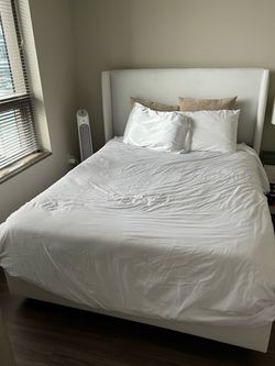 White/Cream Bed Frame/Headboard + Puffy Mattress + Mattress topper