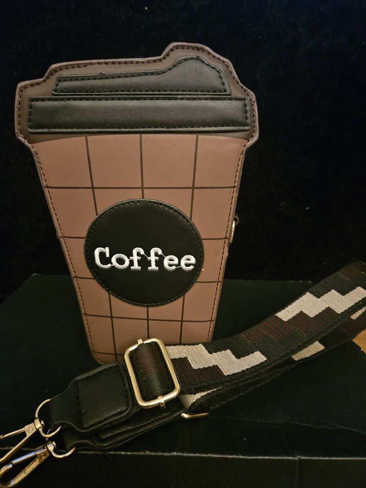 NEW Brown and black coffee cup crossbody bag with adjustable strap.