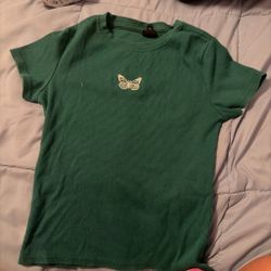 Green Ribbed Butterfly Embroidered T-Shirt large