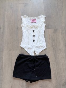 Coquette White Lace Trim Tank Top & Black Skort Set w/ Crystal Accents 🤍✨