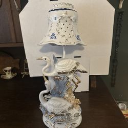 Vintage Porcelain Crane Lamp Shade Victorian Blue & White Gold Edging 