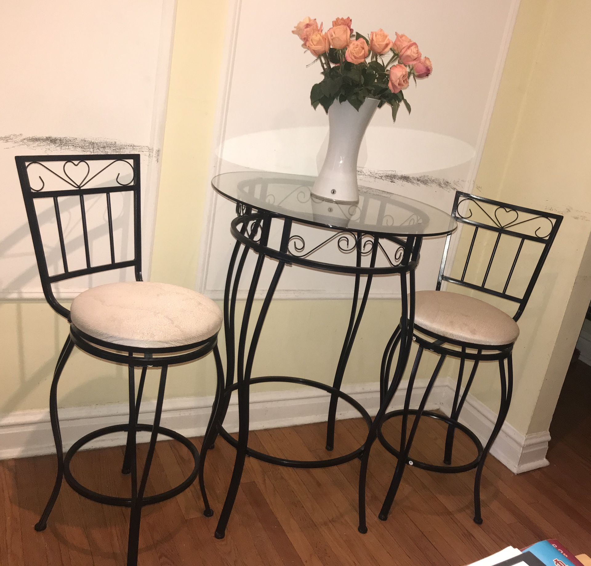 Glass and Metal Cocktail Table with Barstools