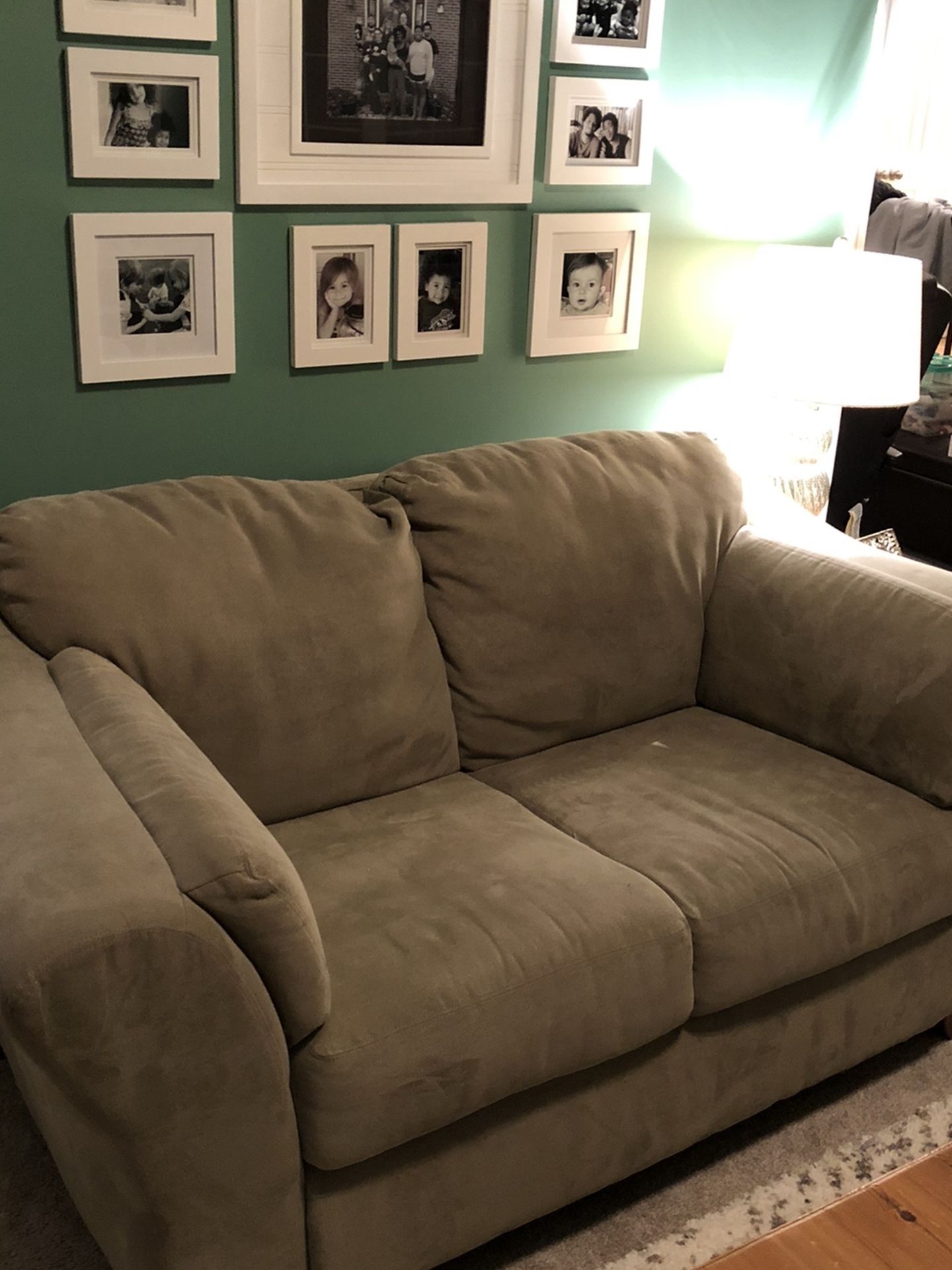 2 Light Green Loveseats With Large Footstool