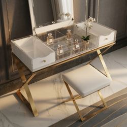 Luxury Acrylic & Gold Makeup Vanity Desk w/ Mirror + Storage -NO stool- Like New